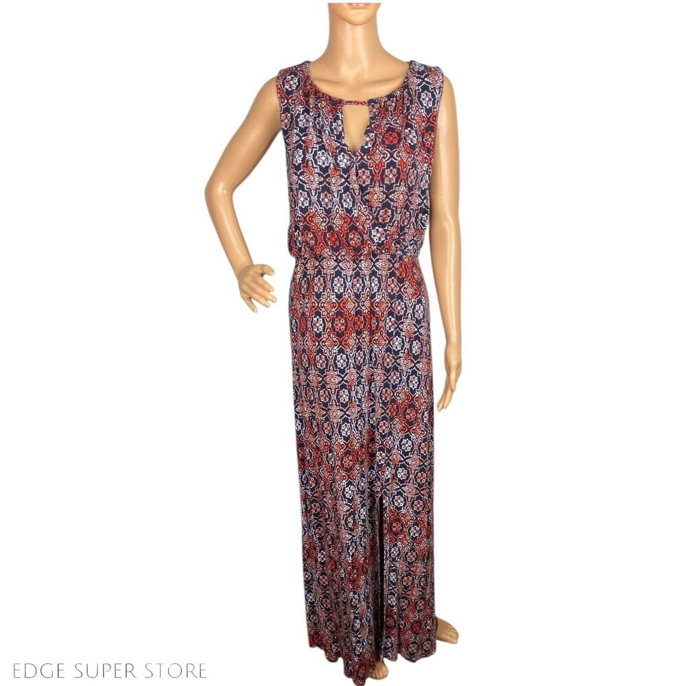 Bobeau Orange Blue Keyhole Boho Maxi Long Sleeveless Dress Size Medium